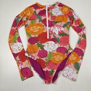 Trina Turk Swimsuit Womens Medium Floral Long Sleeve Rash Guard Pink Orange Zip